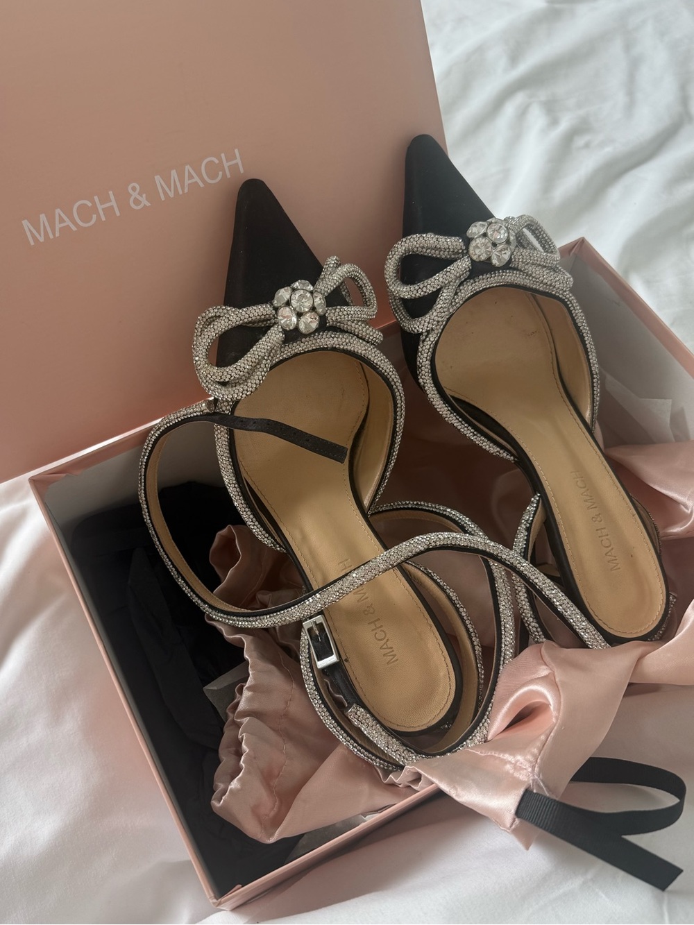 Mach & Mach Black Crystal-Embellished Pointed Toe Flats